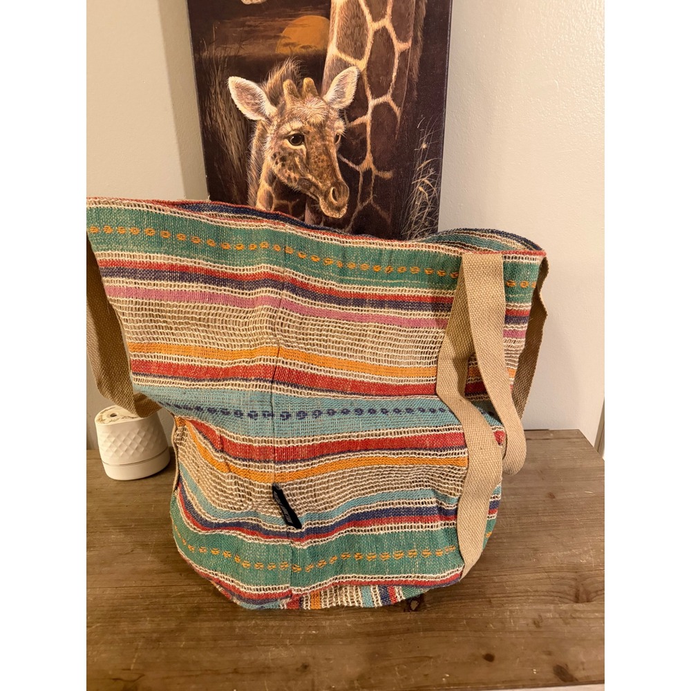 Vintage Addiction Woven Striped Cotton Tote Bag Boho Handcrafted India Multi